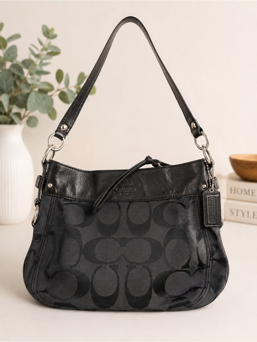 Coach Black Signature Jacquard Shoulder Bag with Leather Trim